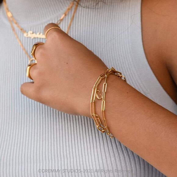 Paperclip Bracelet Gold Paper Clip18k Gold Plated Link Stacking Bracelet Gift - Picture 1 of 4
